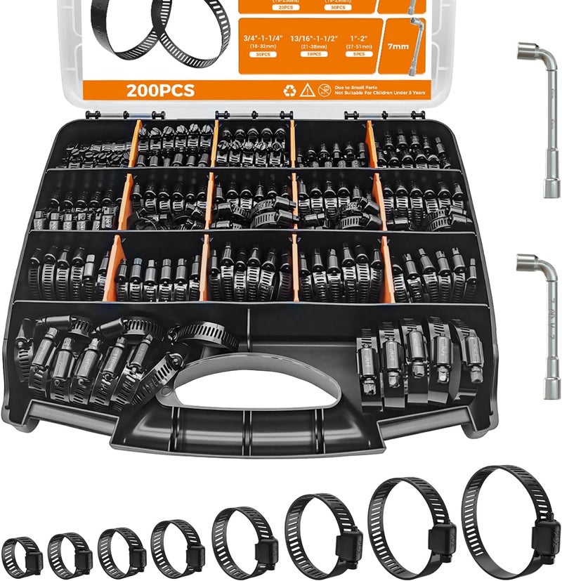 DREXON Hose Clamp Assortment 200PCS 304 Stainless Steel Hose Clamp Kit Heavy Duty Adjustable 1/4"~2"(6~51mm) Worm Gear Hose Clamp for Automotive, Fuel Line, Pipe - Black - Image 1